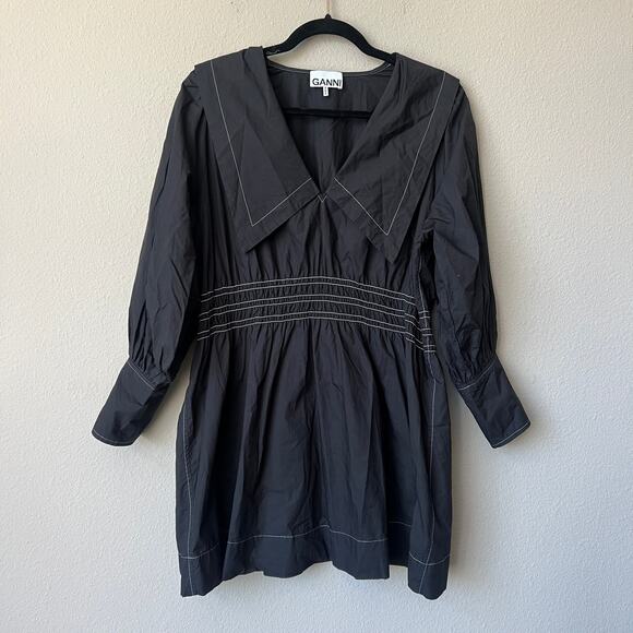 GANNI Black Organic Cotton Poplin Mini Dress Size M - Picture 2 of 4